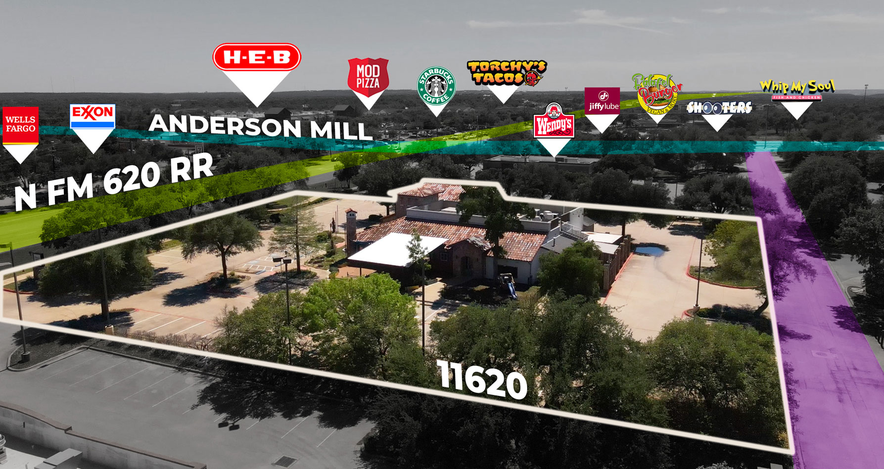 RM 620 & Anderson Mill Commercial Property | Cedar Park TX Retail Corridor Aerial view of commercial property on RM 620 and Anderson Mill in Cedar Park Texas with surrounding retail and traffic corridor
