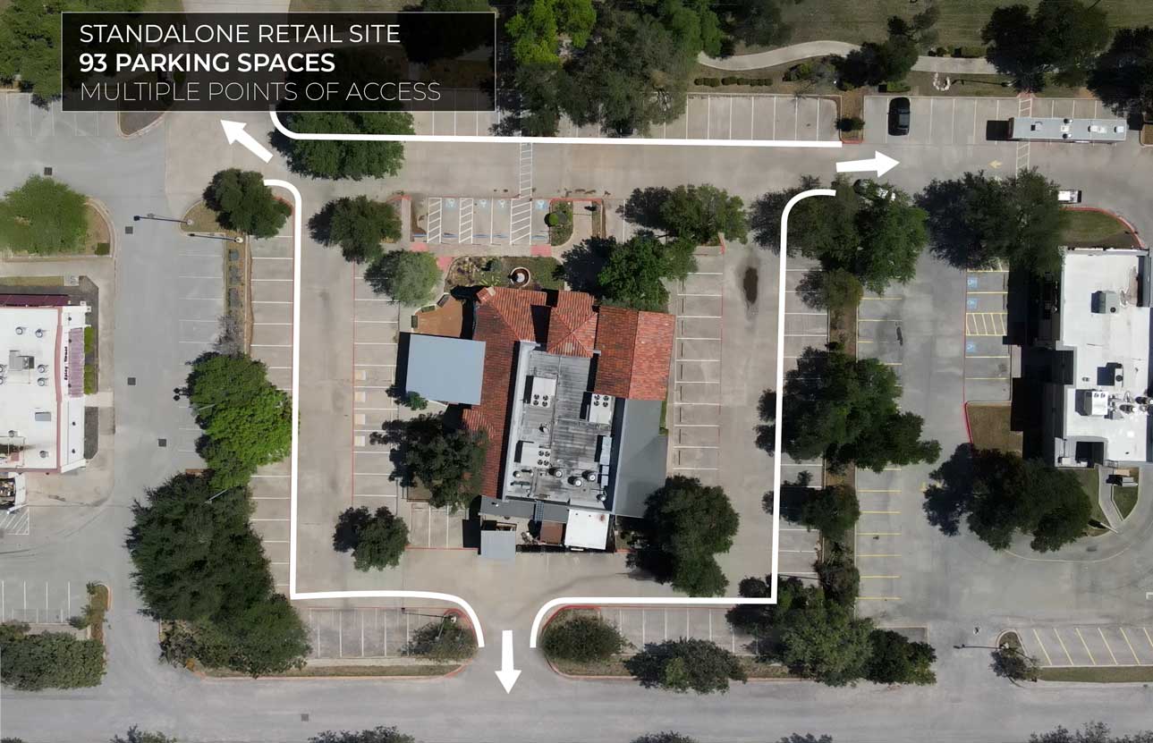 Aerial site plan of standalone restaurant property in Cedar Park TX showing parking layout and multiple access points