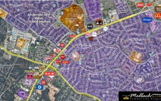 RM 620 and Anderson Mill retail corridor map showing surrounding neighborhoods and national tenants in North Austin
