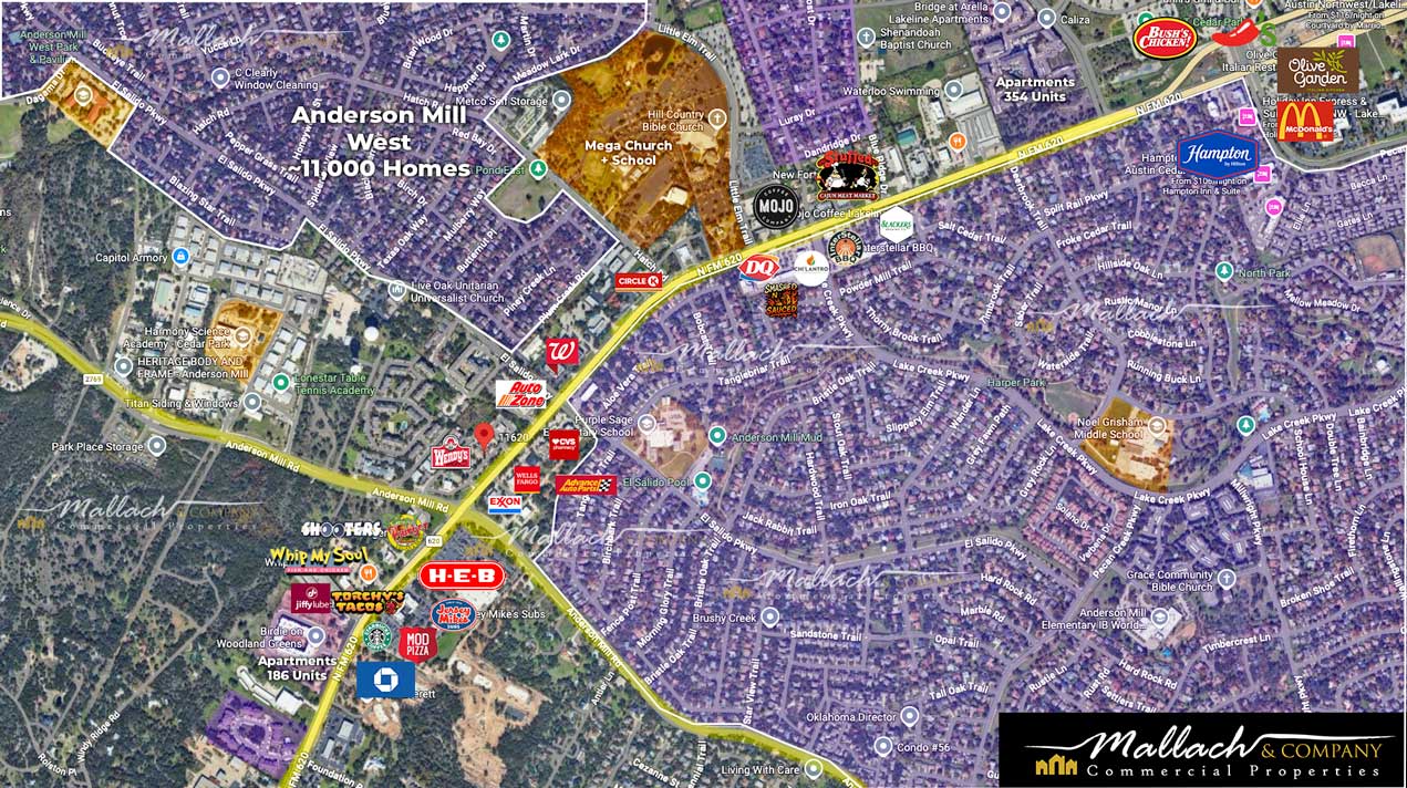 RM 620 and Anderson Mill retail corridor map showing surrounding neighborhoods and national tenants in North Austin