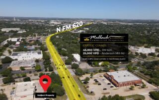 Aerial view of RM 620 in Cedar Park, Texas showing traffic counts of 45,000 vehicles per day and nearby commercial retail properties.