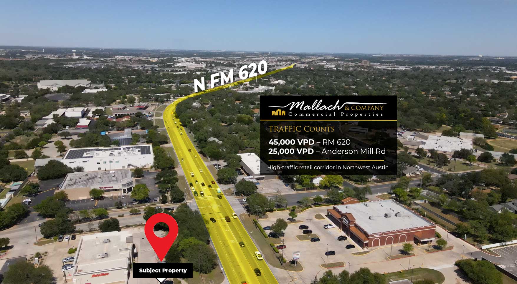 Aerial view of RM 620 in Cedar Park, Texas showing traffic counts of 45,000 vehicles per day and nearby commercial retail properties.